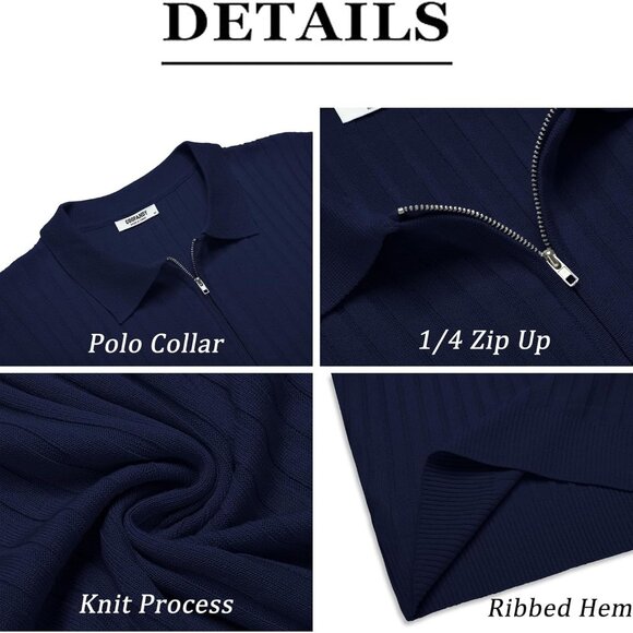 Men's Zipper Polo Shirts Short Sleeve Ribbed Knit Polo T Shirts Navy Blue - Picture 5 of 7